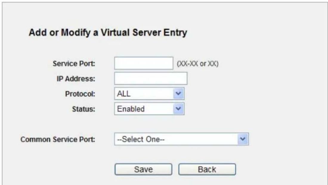 Add or Modify a Virtual Server Entry Service Port: (XX-XX or XX) IP Address: Protocol: ALL Status: Enabled Common Service Port: --Select One-- Save Back