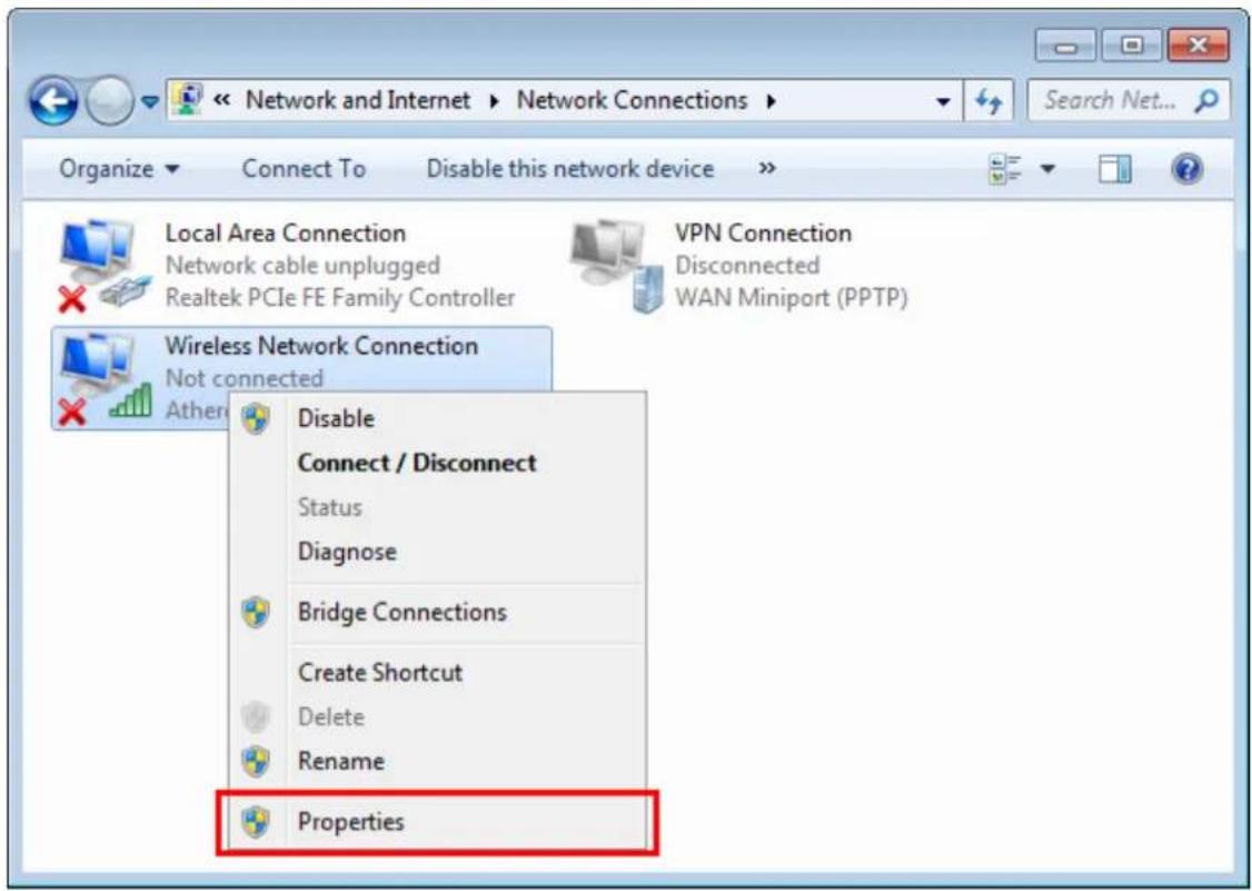 Network and Internet ▶ Network Connections ▶ Organize ▼ Connect To Disable this network device Local Area Connection Network cable unplugged Realtek PCIe FE Family Controller VPN Connection Disconnected WAN Miniport (PPTP) Wireless Network Connection Not connected Ather Disable Connect / Disconnect Status Diagnose Bridge Connections Create Shortcut Delete Rename Properties