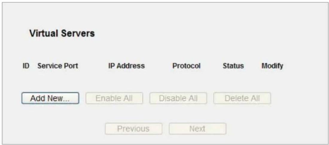 Virtual Servers ID Service Port IP Address Protocol Status Modify Add New... Enable All Disable All Delete All Previous Next