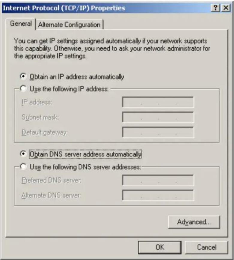 Internet Protocol (TCP/IP) Properties General | Alternate Configuration | You can get IP settings assigned automatically if your network supports this capability. Otherwise, you need to ask your network administrator for the appropriate IP settings. Obtain an IP address automatically Use the following IP address: IP address: Subnet mask: Default gateway: Obtain DNS server address automatically Use the following DNS server addresses: Preferred DNS server: Alternate DNS server: Advanced... OK Cancel