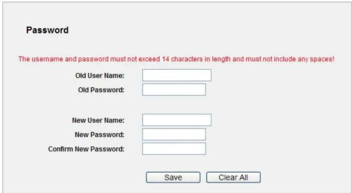 Password The username and password must not exceed 14 characters in length and must not include any spaces! Old User Name: Old Password: New User Name: New Password: Confirm New Password: Save Clear All