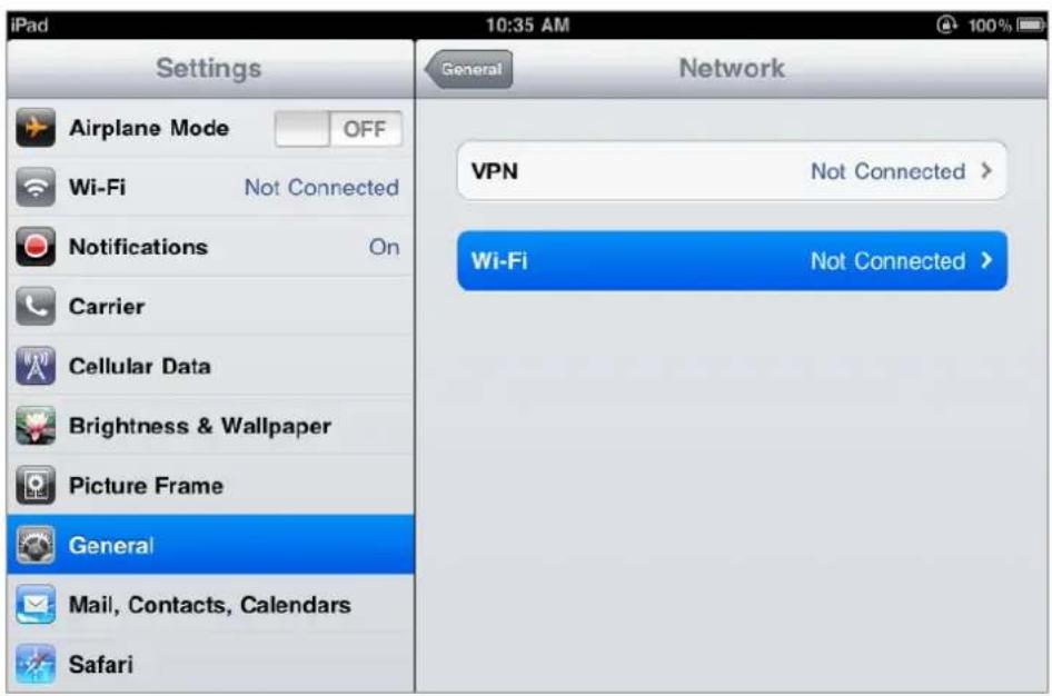 iPad 10:35 AM Settings Airplane Mode OFF Wi-Fi Not Connected Notifications On Carrier Cellular Data Brightness & Wallpaper Picture Frame General Mail, Contacts, Calendars Safari Network VPN Not Connected > Wi-Fi Not Connected >