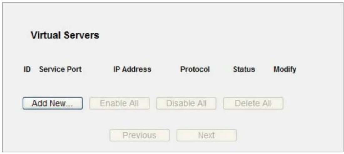 Virtual Servers ID Service Port IP Address Protocol Status Modify Add New... Enable All Disable All Delete All Previous Next