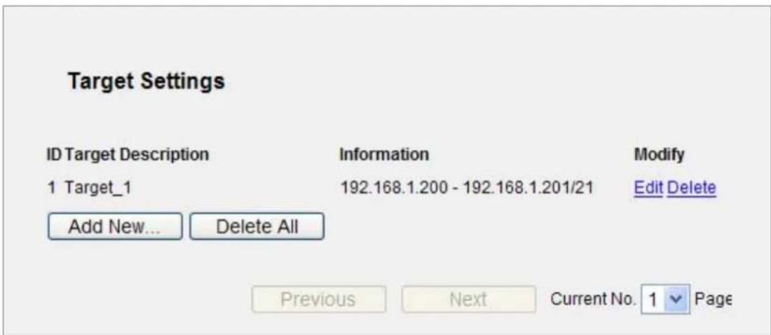 Target Settings ID Target Description Information Modify 1 Target_1 192.168.1.200 - 192.168.1.201/21 Edit Delete Add New... Delete All Previous Next Current No. 1 Page