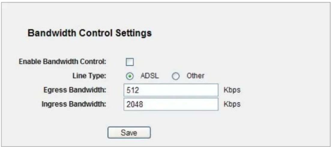 Bandwidth Control Settings Enable Bandwidth Control: Line Type: ADSL Other Egress Bandwidth: 512 Kbps Ingress Bandwidth: 2048 Kbps Save