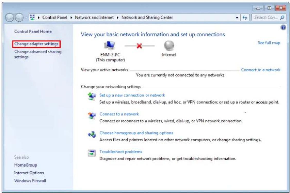 Control Panel Home Change adapter settings Change advanced sharing settings View your basic network information and set up connections ENM-2-PC (This computer) Internet See full map View your active networks Connect to a network You are currently not connected to any networks. Change your networking settings Set up a new connection or network Set up a wireless, broadband, dial-up, ad hoc, or VPN connection; or set up a router or access point. Connect to a network Connect or reconnect to a wireless, wired, dial-up, or VPN network connection. Choose homegroup and sharing options Access files and printers located on other network computers, or change sharing settings. Troubleshoot problems Diagnose and repair network problems, or get troubleshooting information. See also HomeGroup Internet Options Windows Firewall