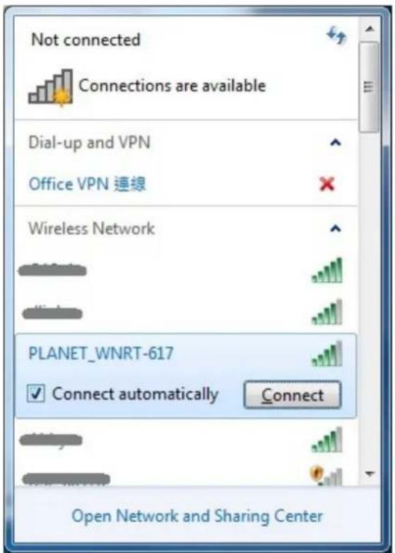 Not connected Connections are available Dial-up and VPN Office VPN 連線 Wireless Network PLANET_WNRT-617 Connect automatically Connect Open Network and Sharing Center