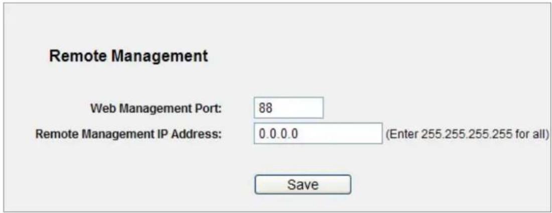 Remote Management Web Management Port: 88 Remote Management IP Address: 0.0.0.0 (Enter 255.255.255.255 for all) Save