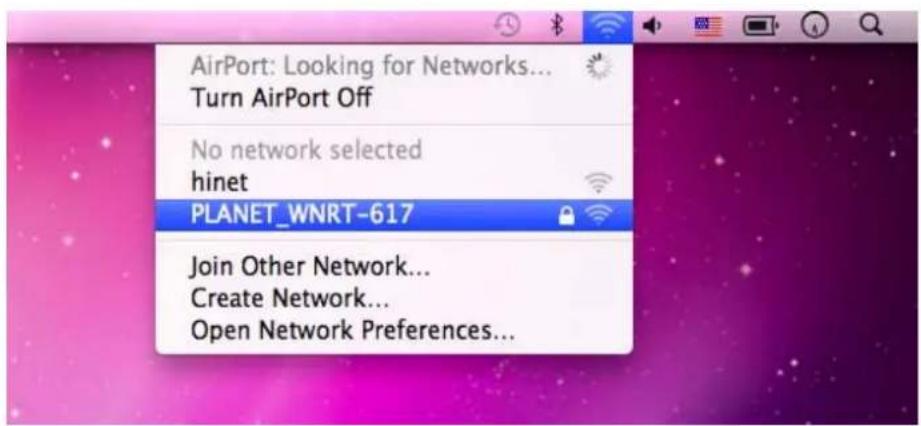 AirPort: Looking for Networks... Turn AirPort Off No network selected hinet PLANET_WNRT-617 Join Other Network... Create Network... Open Network Preferences...