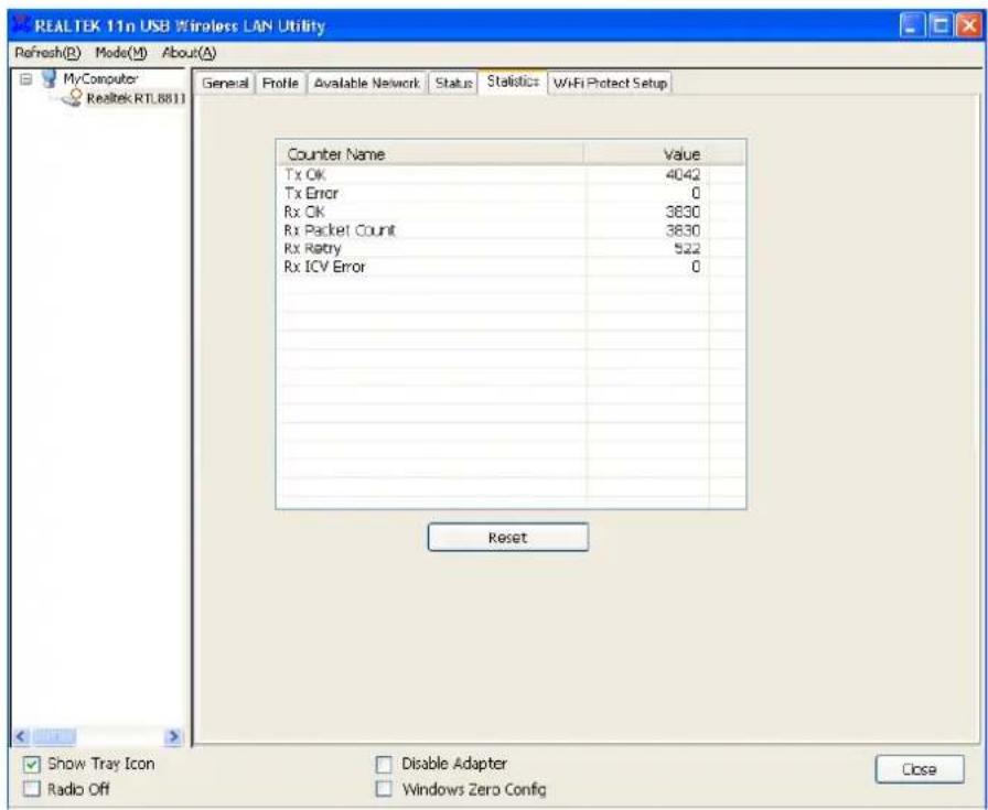 REALTEK 11n USB Wireless LAN Utility Refresh(R) Mode(M) About(A) My Computer Realtek RTL8811 General Profile Available Network Status Statistics WiFi Protect Setup Counter Name Value Tx OK 4042 Tx Error 0 Rx OK 3630 Rx Packet Count 3630 Rx Rentry 522 Rx ICV Error 0 Reset Show Tray Icon Disable Adapter Radio Off Windows Zero Config Close