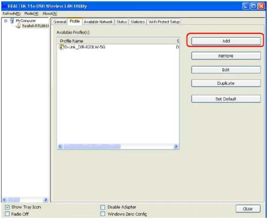 REALTK 11n USB Wireless LAN Utility Refresh(R) Mode(M) About(A) My Computer Realtek RTL8811 General Profile Available Network Status Statistics Wi-Fi Protect Setup Available Profile(s) Profile Name S D-Link_DIR-S20LW-5G D Add Remove Edit Duplicate Set Default Show Tray Icon Radio Off Disable Adapter Windows Zero Config Close