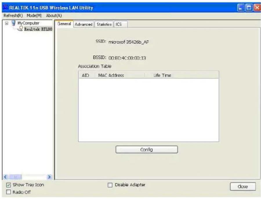 REALTEK 11n USB Wireless LAN Utility Refresh(R) Mode(M) About(A) MyComputer Realtek RTL88 General Advanced Statistics ICS SSID: microsoft35426b_AP BSSID: 00:EC:4C:00:00:13 Association Table AID MAC Address Life Time Config Show Tray Icon Radio Off Disable Adapter Close