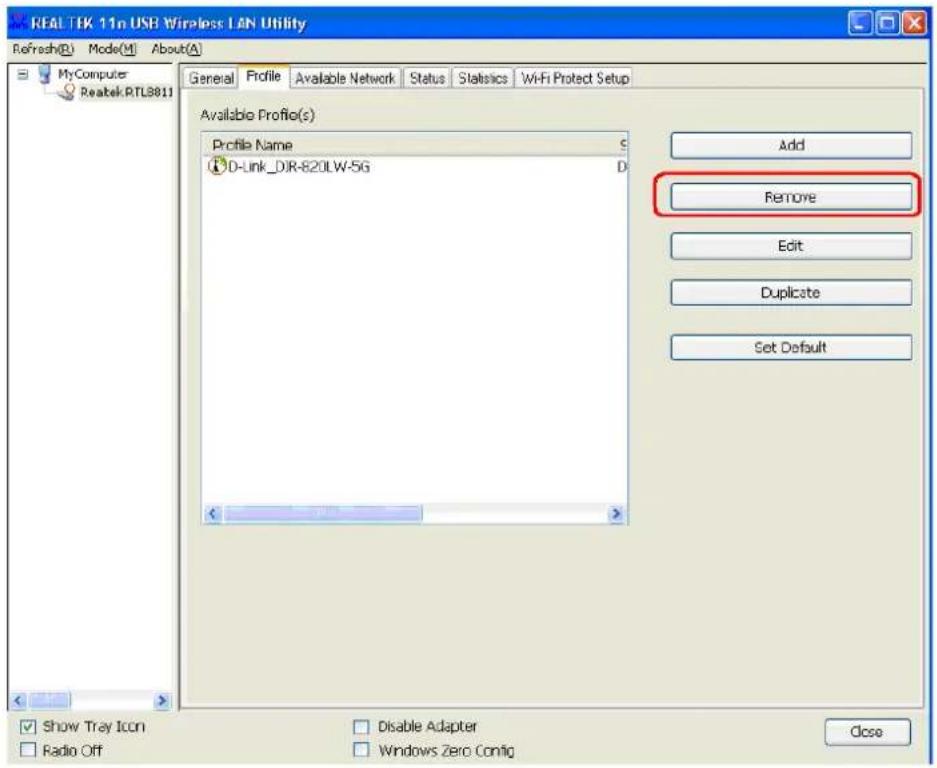 REAL TEK 11n USB Wireless LAN Utility Refresh(R) Mode(M) About(A) My Computer Reatek RTL8811 General Profile Available Network Status Statistics Wi-Fi Protect Setup Available Profile(s) Profile Name D-Link_DIR-820LW-5G Add Remove Edit Duplicate Set Default Show Tray Icon Radio Off Disable Adapter Windows Zero Config Close