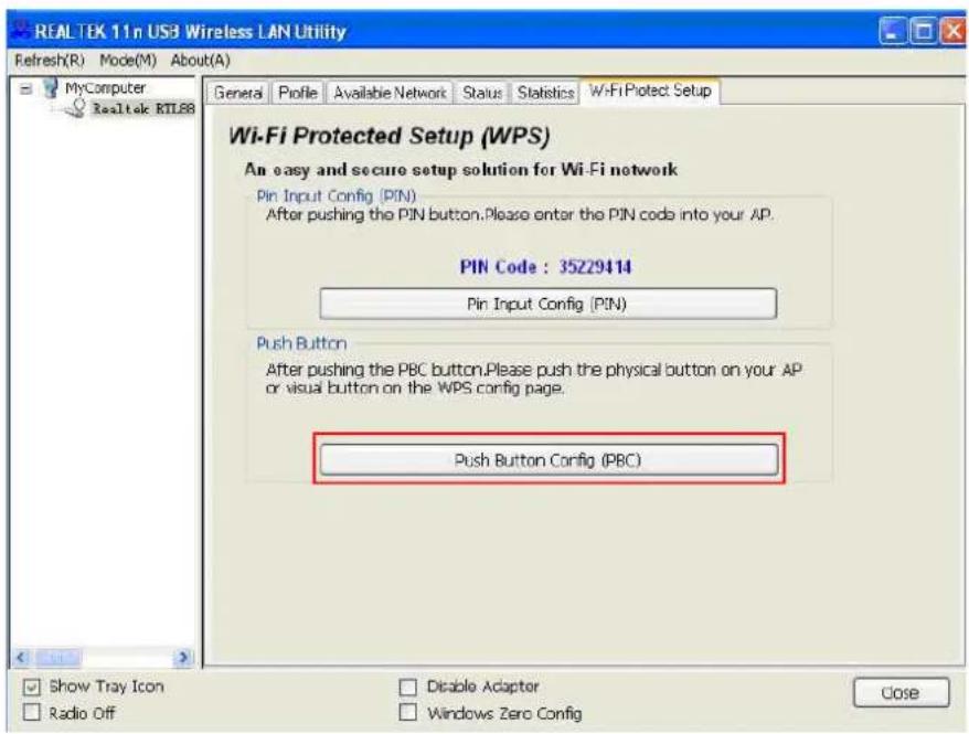 REAL TBK 11n USB Wireless LAN Utility Refresh(R) Mode(M) About(A) General Profile Available Network Status Statistics Wi-Fi Protect Setup Wi-Fi Protected Setup (WPS) An easy and secure setup solution for Wi-Fi network Pin Input Config (PIN) After pushing the PIN button. Please enter the PIN code into your AP. PIN Code : 35229414 Pin Input Config (PIN) Push Button After pushing the PBC button. Please push the physical button on your AP or visual button on the WPS config page. Push Button Config (PBC) Show Tray Icon Radio Off Disable Adapter Windows Zero Config Close