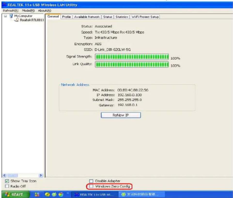 REALTEK 11n USB Wireless LAN Utility Refresh(R) Mode(M) About(A) My Computer Reabek RTL8811 General Profile Available Network Status Statistics WiFi Project Setup Status: Associated Speed: Tx:433.5 Mbps Rx:433.5 Mbps Type: Infrastructure Encryption: AES SSID: D-Link_DIR-620LW-5G Signal Strength: 100% Link Quality: 100% Network Address: MAC Address: 00:E0:4C:88:22:56 IP Address: 192.168.0.100 Subnet Mask: 255.255.255.0 Gateway: 192.168.0.1 ReNew IP Show Tray Icon Radio Off Disable Adapter Windows Zero Config start