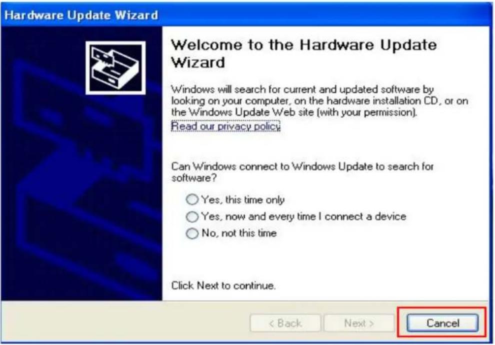 Hardware Update Wizard Welcome to the Hardware Update Wizard Windows will search for current and updated software by looking on your computer, on the hardware installation CD, or on the Windows Update Web site (with your permission). Read our privacy policy. Can Windows connect to Windows Update to search for software? ○ Yes, this time only ○ Yes, now and every time I connect a device ○ No, not this time Click Next to continue. < Back Next > Cancel
