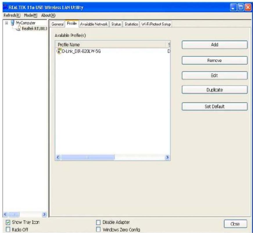 REALTEK 11n USB Wireless LAN Utility Refresh(R) Mode(M) About(A) MyComputer Realtek RTL8811 General Profile Available Network Status Statistics Wi-Fi Protect Setup Available Profile(s) Profile Name D-Link_DIR-620LW-5G Add Remove Edit Duplicate Set Default Show Tray Icon Radio Off Disable Adapter Windows Zero Config Close