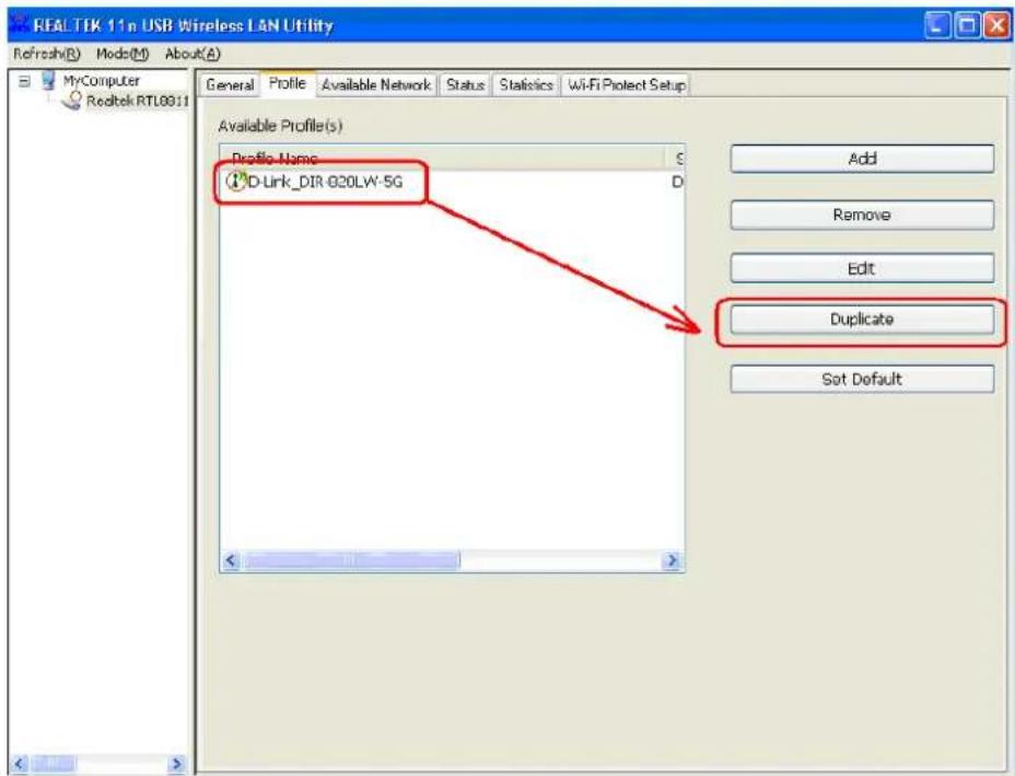 REAL TIK 11n USB Wireless LAN Utility Refresh(R) Mode(M) About(A) MyComputer Redtek RTL0911 General Profile Available Network Status Statistics Wi-Fi Project Setup Available Profile(s) Profile Name D-Link_DIR-020LW-5G Add Remove Edit Duplicate Set Default