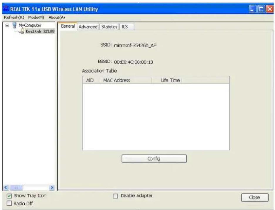REAL TEK 11n USB Wireless LAN Utility Refresh(R) Mode(M) About(A) MyComputer Realtek RTL88 General Advanced Statistics ICS SSID: microsoft-35426b_AP BSSID: 00:E0:4C:00:00:13 Association Table AID MAC Address Life Time Config Show Tray Icon Radio Off Disable Adapter Close