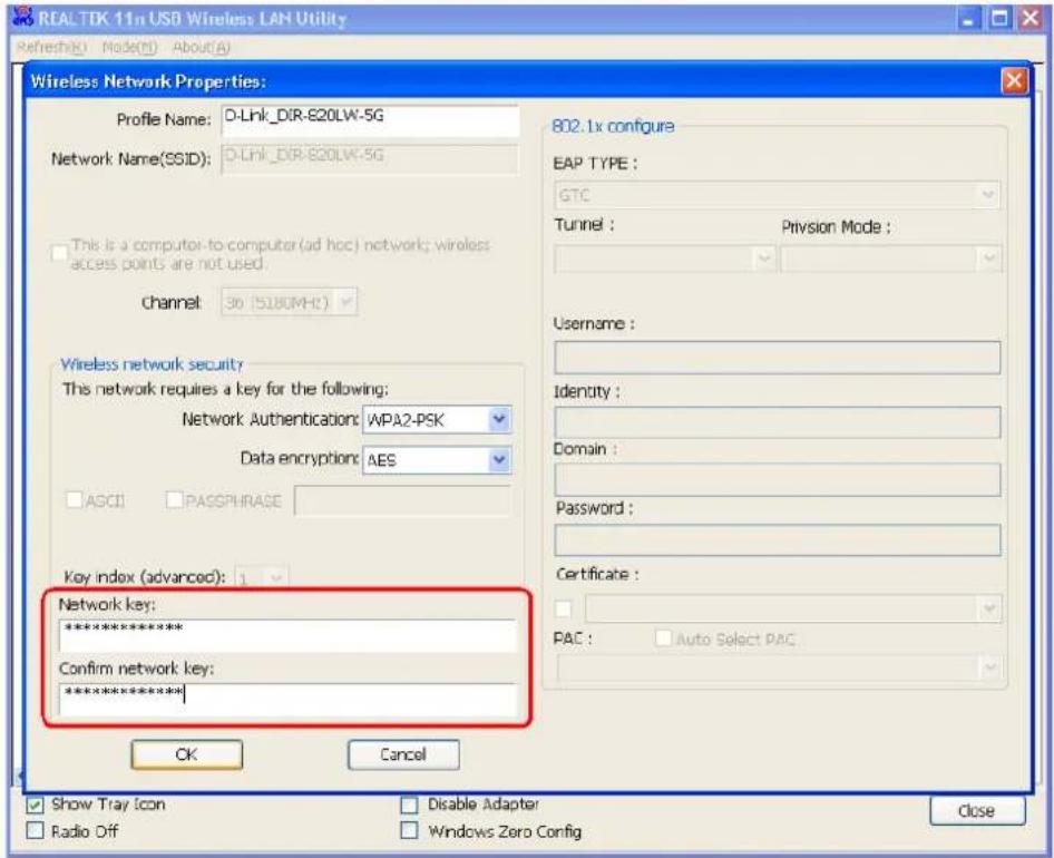 REAL TTK 11n USD Wireless LAN Utility Refresh(B) Mode(M) About(A) Wireless Network Properties: Profile Name: D-Link_DIR-E20LW-5G Network Name(SSID): D-Link_DIR-E20LW-5G This is a computer-to-computer(ad hoc) network; wireless access points are not used. Channel: 36 (5180MH) Wireless network security This network requires a key for the following: Network Authentication: APA2-PSK Data encryption: AES ASCII PASSPHRAGE Key index (advanced): 1 Network key: ************ Confirm network key: ************ OK Cancel 802.1x configure EAP TYPE : GTC Tunnel : Provision Mode : Username : Identity : Domain : Password : Certificate : PAC : Auto Select PAC . Show Tray icon Disable Adapter Close Radio Off Windows Zero Config