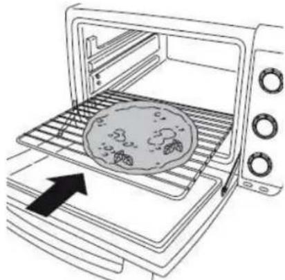 Line drawing of a microwave oven with a plate and tray, showing a cooking step (no text or symbols)
