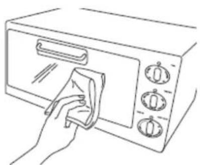 Line drawing of a hand cleaning a microwave oven with a cloth (no text or symbols)