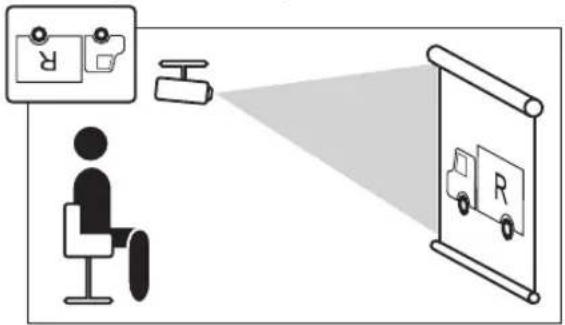 Diagram illustrating a person seated at a desk receiving a truck-mounted display, with an inset showing a device labeled 'R' and a hand gesture.