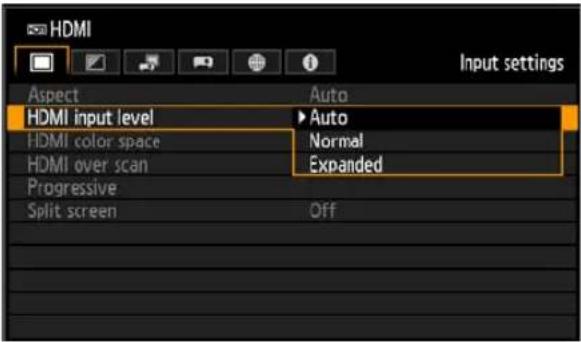 HDMI Aspect Auto HDMI input level ▶ Auto HDMI color space Normal HDMI over scan Expanded Progressive Split screen Off