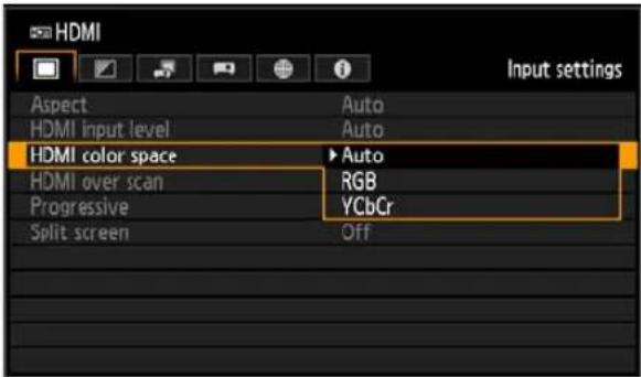 HDMI Aspect Auto HDMI input level Auto HDMI color space ▶ Auto HDMI over scan RGB Progressive YCbCr Split screen Off