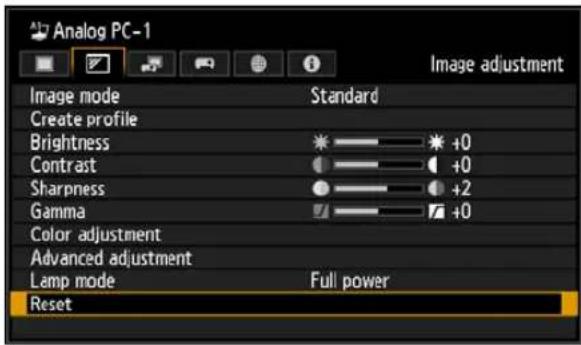 Analog PC-1 Image adjustment Image mode Standard Create profile Brightness +0 Contrast +0 Sharpness +2 Gamma +0 Color adjustment Advanced adjustment Lamp mode Full power Reset