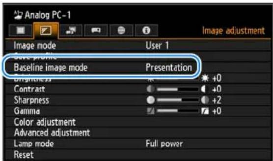 Analog PC-1 Image mode User 1 Save profile Baseline image mode Presentation Brightness +0 Contrast +0 Sharpness +2 Gamma +0 Color adjustment Advanced adjustment Lamp mode Full power Reset