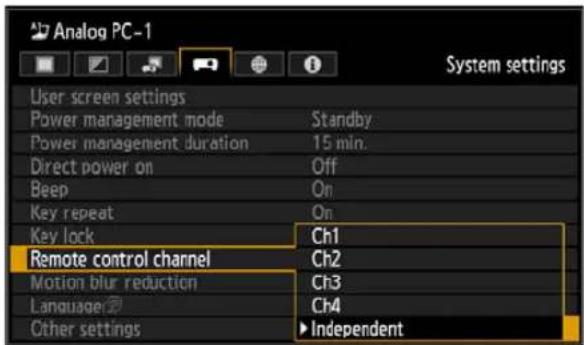 Analog PC-1 User screen settings Power management mode Standby Power management duration 15 min. Direct power on Off Beep On Key repeat On Key lock Ch1 Remote control channel Ch2 Motion blur reduction Ch3 Language Ch4 Other settings ►Independent