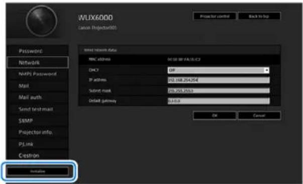 WUX6000 Cancel Projector(01) Projector control Back to top Password Network NAPI Password Mail Mail auth: Send testmail SNMP Projector info. PLink Cestron Initiate Wind tunnel data MNC address D0118-09/FAUUC2 DHCP 0F IP address 252.068.254.254 Submit mask 255.255.2553 Default gateway 255.0.0 OK Cancel