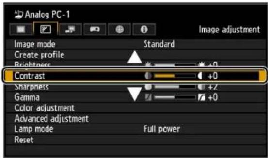Analog PC-1 Image adjustment Image mode Standard Create profile Brightness +0 Contrast +0 Sharpness +2 Gamma +0 Color adjustment Advanced adjustment Lamp mode Full power Reset