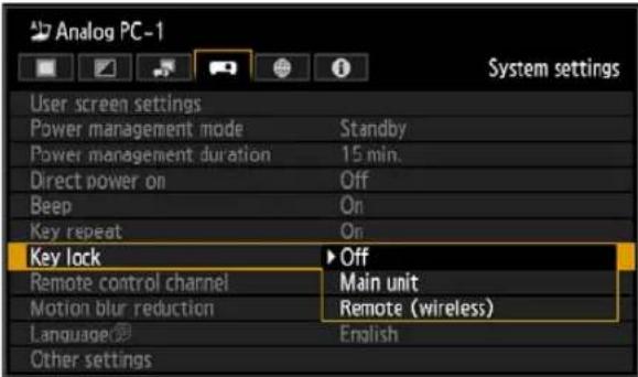 Analog PC-1 User screen settings Power management mode Standby Power management duration 15 min. Direct power on Off Beep On Key repeat On Key lock ▶ Off Remote control channel Main unit Motion blur reduction Remote (wireless) Language English Other settings