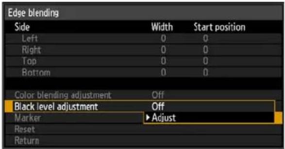 Edge blending Side Width Start position Left 0 0 Right 0 0 Top 0 0 Bottom 0 0 Color blending adjustment Off Black level adjustment Off Marker ▶Adjust Reset Return