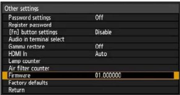 Other settings Password settings Off Register password [Fn] button settings Disable Audio in terminal select Gamma restore Off HDMI In Auto Lamp counter Air filter counter Firmware 01.000000 Factory defaults Return