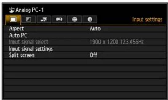 Analog PC-1 Input settings Aspect Auto Auto PC Input signal select 1900 x 1200 123.456Hz Input signal settings Split screen Off