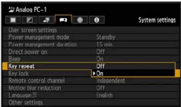 Analog PC-1 User screen settings Power management mode Standby Power management duration 15 min. Direct power on Off Beep On Key repeat Off Key lock ▶ On Remote control channel Independent Motion blur reduction Off Language English Other settings