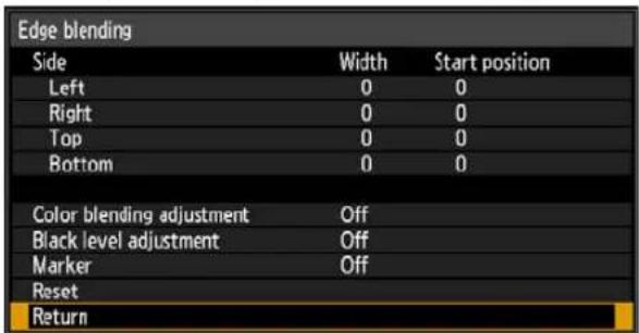 Edge blending Side Width Start position Left 0 0 Right 0 0 Top 0 0 Bottom 0 0 Color blending adjustment Off Black level adjustment Off Marker Off Reset Return