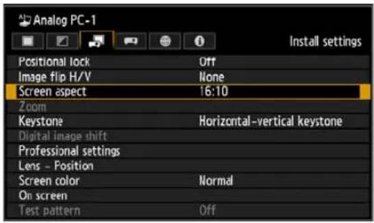 Analog PC-1 Positional lock Off Image flip H/V None Screen aspect 16:10 Zoom Keystone Horizontal-vertical keystone Digital image shift Professional settings Lens - Position Screen color Normal On screen Test pattern Off