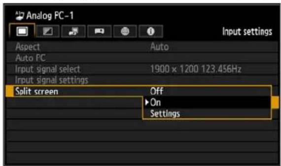 Analog PC-1 Input settings Aspect Auto Auto PC Input signal select 1900 x 1200 123.456Hz Input signal settings Split screen Off ► On Settings