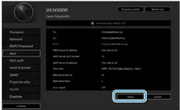 WLJX50DD Canon Projection98 Projector control Back to top Send and apply options, OK? File Total(DubodSoftware.jp) GO Total(DubodSoftware.jp) Primary Projection(DubodSoftware.jp) SNMP server B address 192 USA 54.3B SNMP server port number 25 SNMP server B address 192 USA 54.3B Time zone SPAT = (99:99) Osaka, Sapporo, Tokyo Multi-word interval 10 Multi-word time 3 Error request OKY Apply Cancel Password Network NMPJ Password Mail Mail auth Send test mail SNMP Projector info PSLWA Cestron Initiate