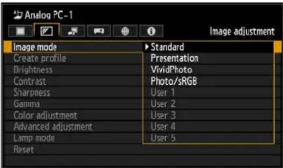 Analog PC-1 Image adjustment Image mode Create profile Brightness Contrast Sharpness Gamma Color adjustment Advanced adjustment Lamp mode Reset Standard Presentation VividPhoto Photo/sRGB User 1 User 2 User 3 User 4 User 5