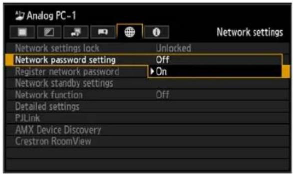 Analog PC-1 Network settings Network settings lock Unlocked Network password setting Off Register network password On Network standby settings Network function Off Detailed settings PJLink AMX Device Discovery Crestron RoomView