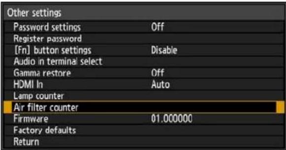 Other settings Password settings Off Register password [Fn] button settings Disable Audio in terminal select Gamma restore Off HDMI In Auto Lamp counter Air filter counter Firmware 01.000000 Factory defaults Return