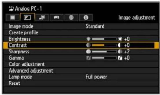 Analog PC-1 Image adjustment Image mode Standard Create profile Brightness * +0 Contrast ● +0 Sharpness ● +2 Gamma # +0 Color adjustment Advanced adjustment Lamp mode Full power Reset
