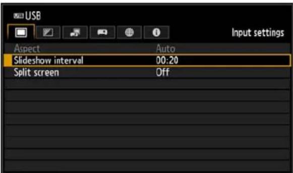USB Aspect Auto Slideshow interval 00:20 Split screen Off Input settings
