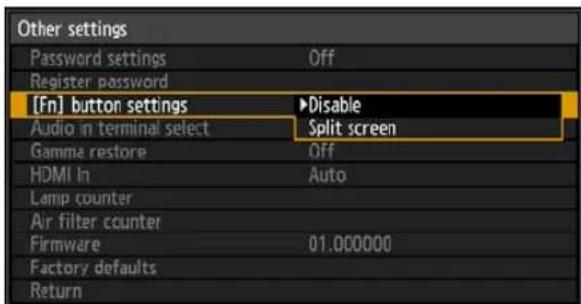 [Fn] button settings Audio in terminal select Gamma restore HDMI In Lamp counter Air filter counter Firmware Factory defaults Return Off Disable Split screen Auto 01.000000