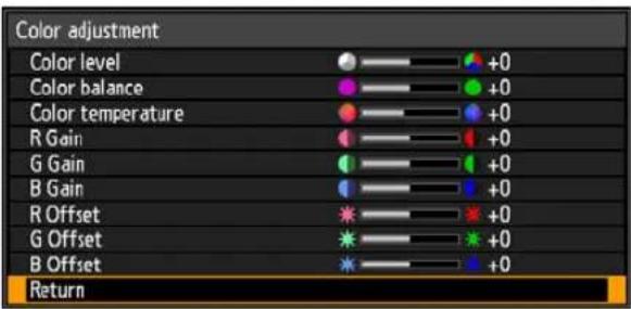 Color adjustment Color level Color balance Color temperature R Gain G Gain B Gain R Offset G Offset B Offset Return